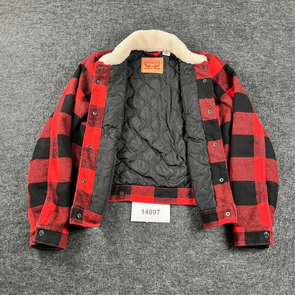Levi's Shacket Womens Medium Red Buffalo Plaid Faux Shearling Collar Snap Front